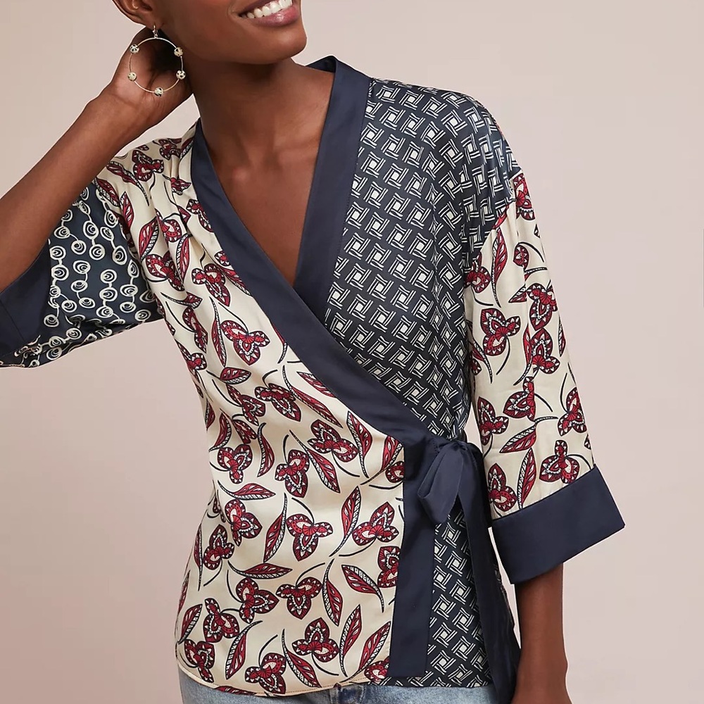 Anthropologie Navy and Cream Patterned Blouse